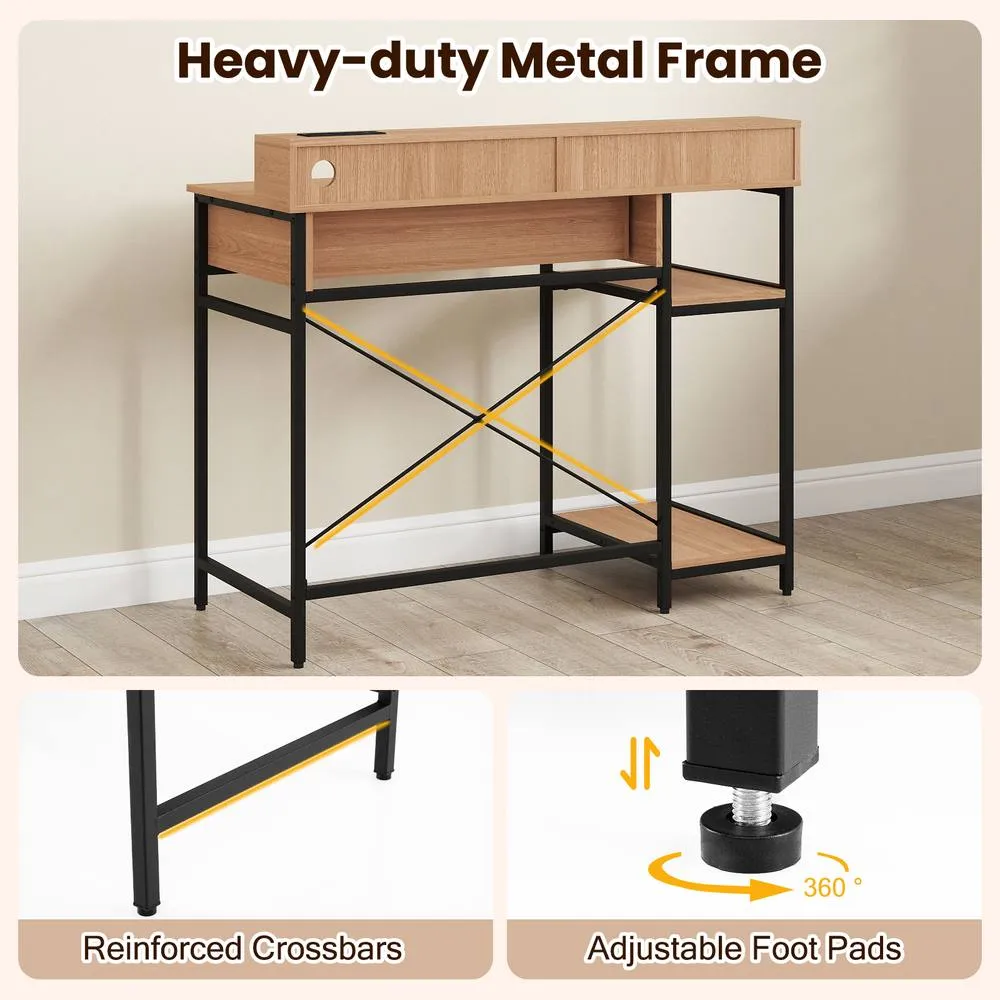 Costway Modern Computer Desk Office Writing Work Study Desk w/ Power Outlets in Natural 6