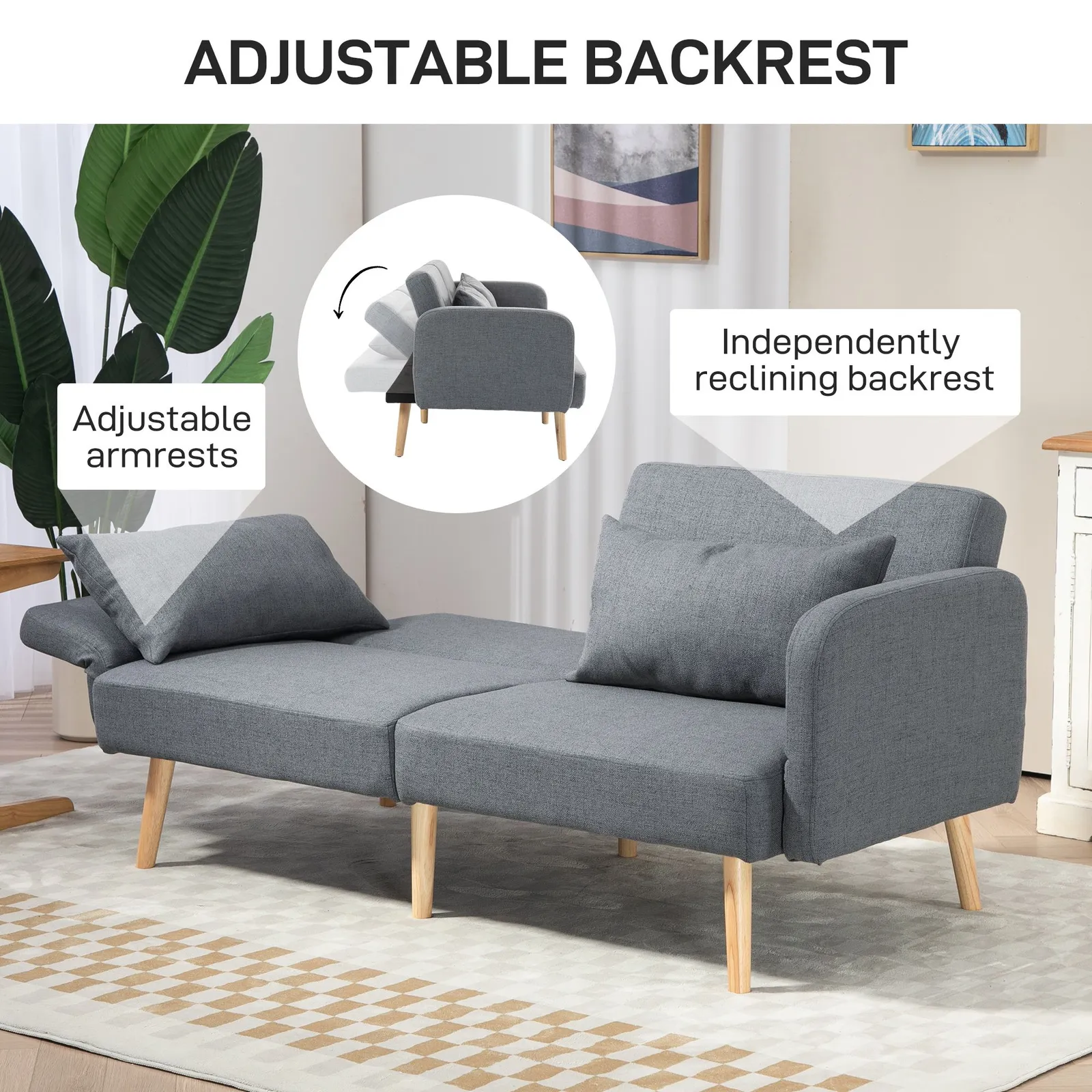 HOMCOM Convertible Sofa Bed, Fabric Sofa Couch with 2 Cushions for Living Room in Grey 6