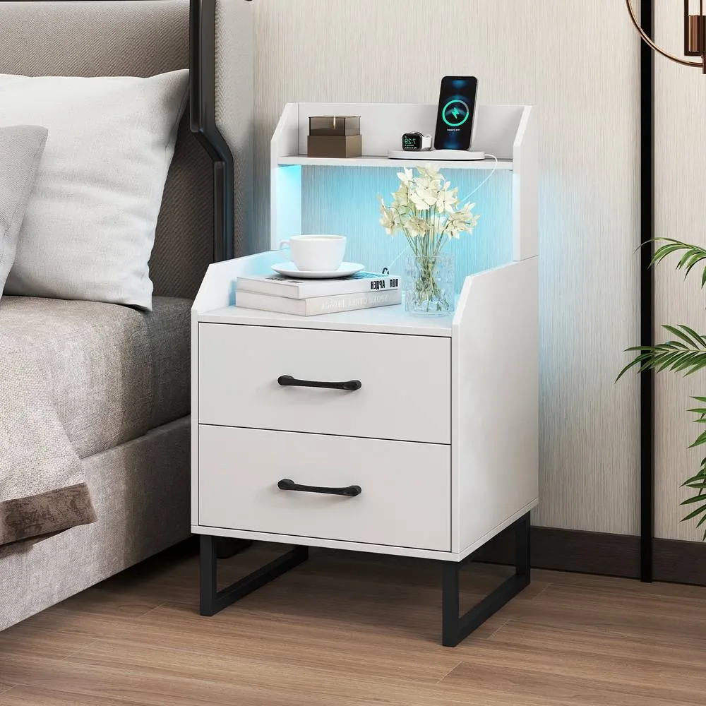 Costway Modern Bedside Table Nightstand with Built-in Charging Station in White