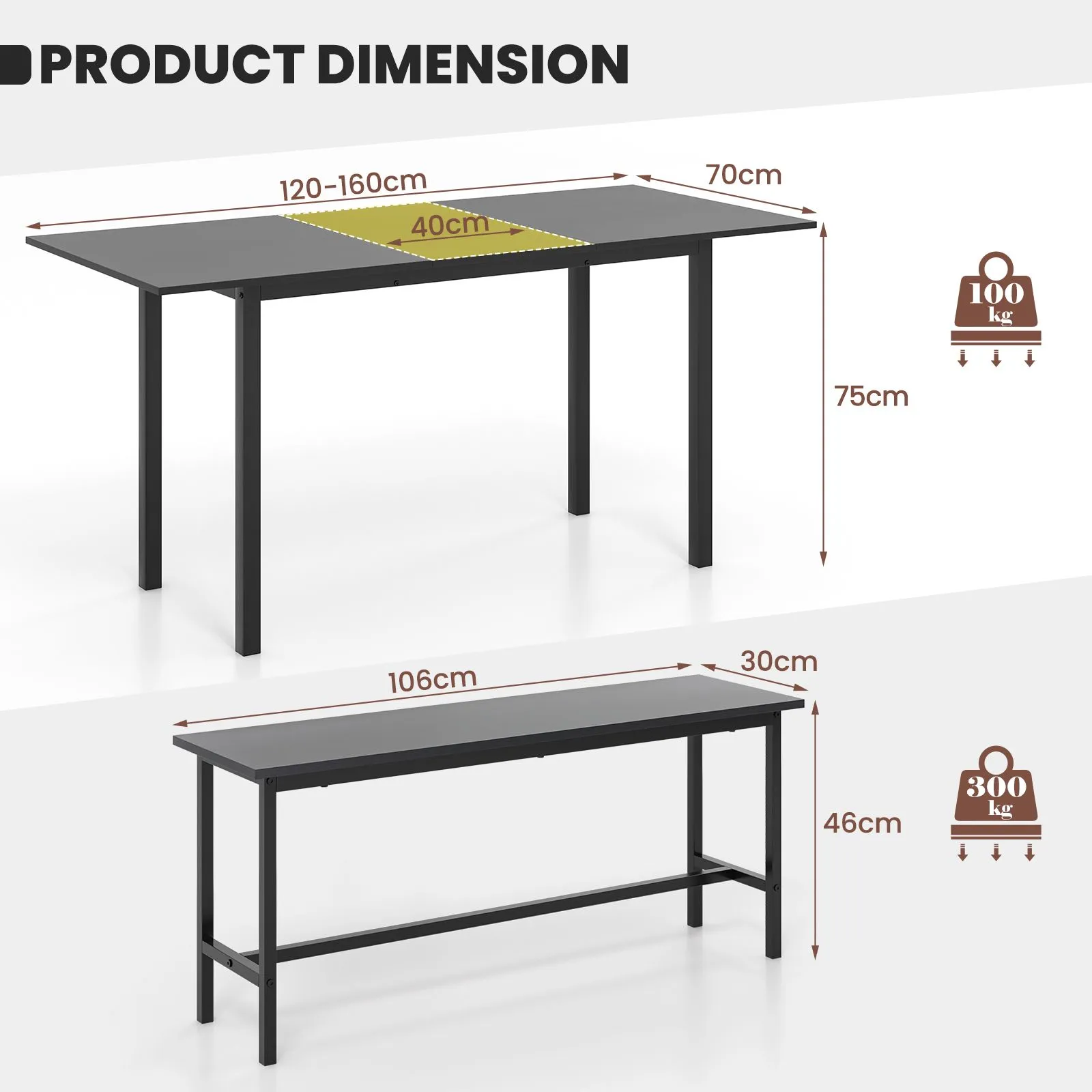 Costway 3 Pcs 160cm Dining Table Set for 4 6 Extendable Kitchen Table Set with 2 Benches in Black 3