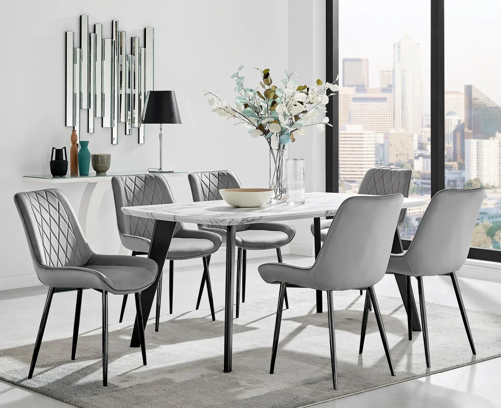FurnitureboxUK Andria White Marble Effect & Black Leg 6 Seater Dining Table & 6 Pesaro Soft Velvet Chairs in Grey 1