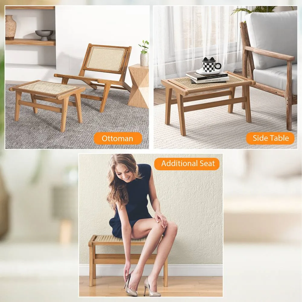 Costway Ottoman Footstool Natural Teak Wooden Foot Rest-Natural 3