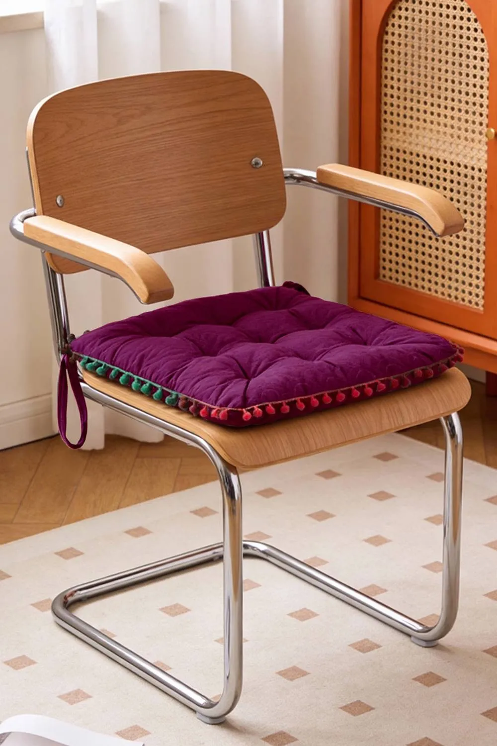 Living and Home Quilted Pom-Pom Trimmed Chair Cushion in Magenta