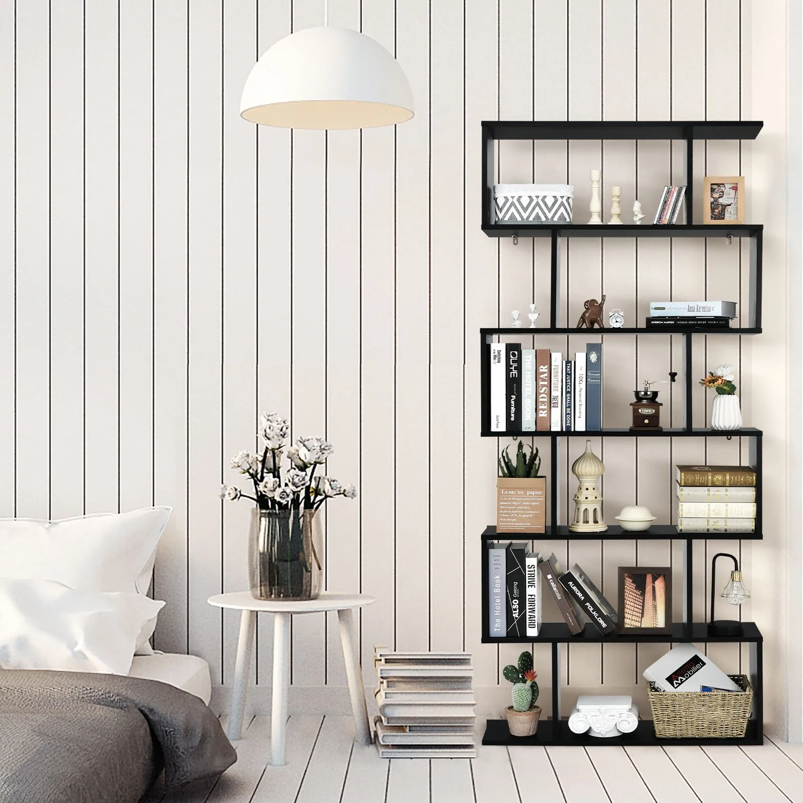 Costway 6-tier Bookcase Industrial S-Shaped Bookshelf Wooden Storage Display Rack in Black 4