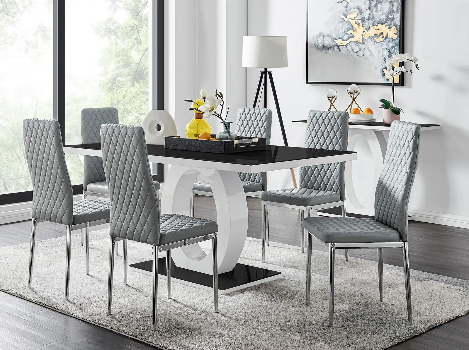 FurnitureboxUK Giovani Rectangular 6 Seat White High Gloss Unique Halo Dining Table Black Glass Top 6 Faux Leather Silver Leg Milan Chairs in Grey