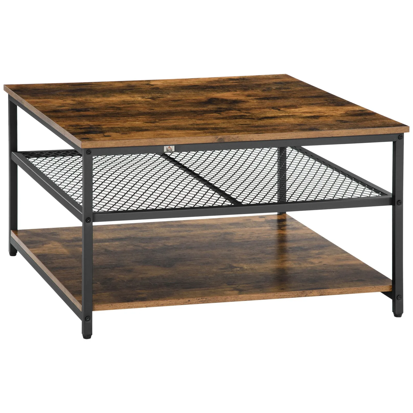 HOMCOM Industrial Coffee Table Centre Table with 3-Tier Storage Shelves in Brown 2