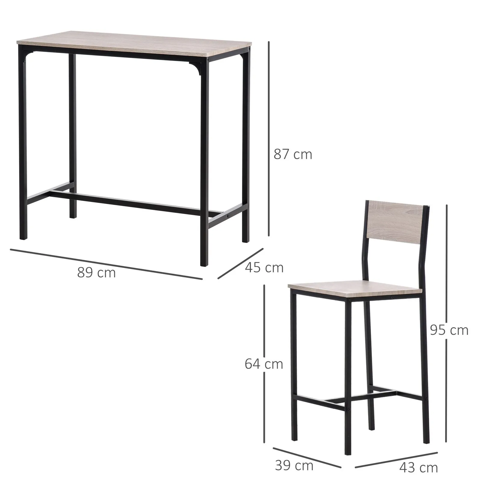 HOMCOM 3 Pieces Table Stool Set Industrial Design Metal Frame MDF Panels in Light Brown 3