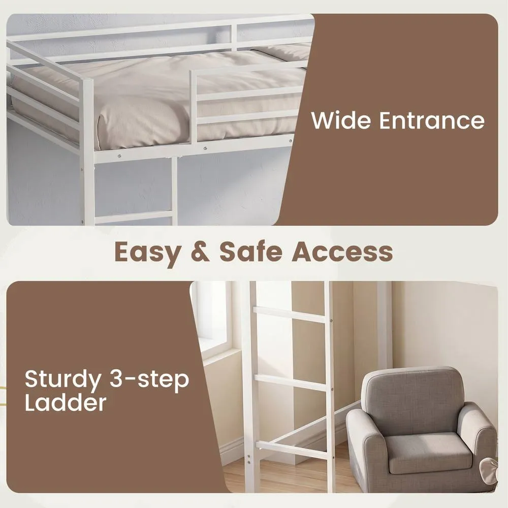 Costway Single Size Metal Loft Bed Metal Bed Frame w/Guardrails & Shelves in White 5