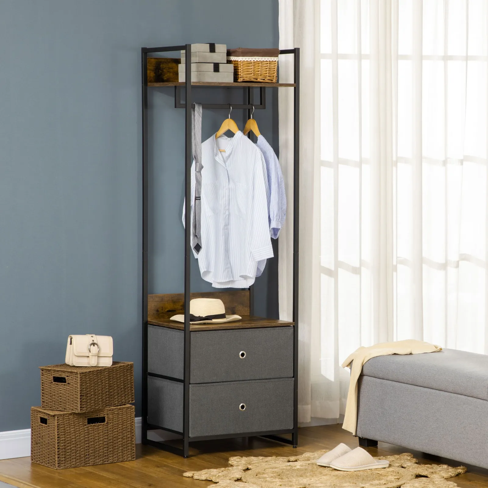 HOMCOM Industrial Clothes Rail Garment Rack with 2 Fabric Drawers Rustic Brown in Dark Brown