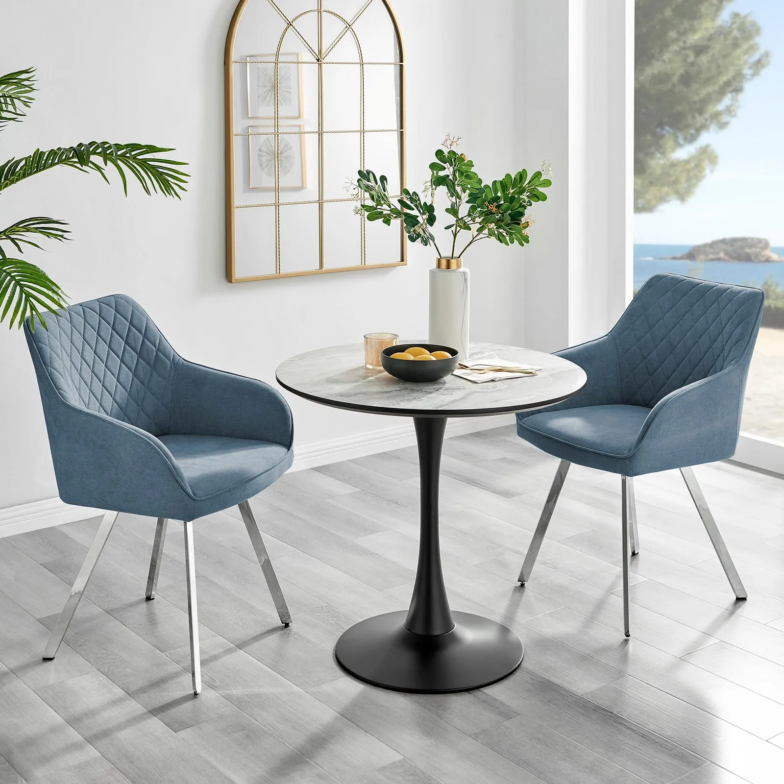 FurnitureboxUK Elina White Marble Effect Scratch Resistant Dining Table & 2 Falun Silver Leg Fabric Chairs in Blue