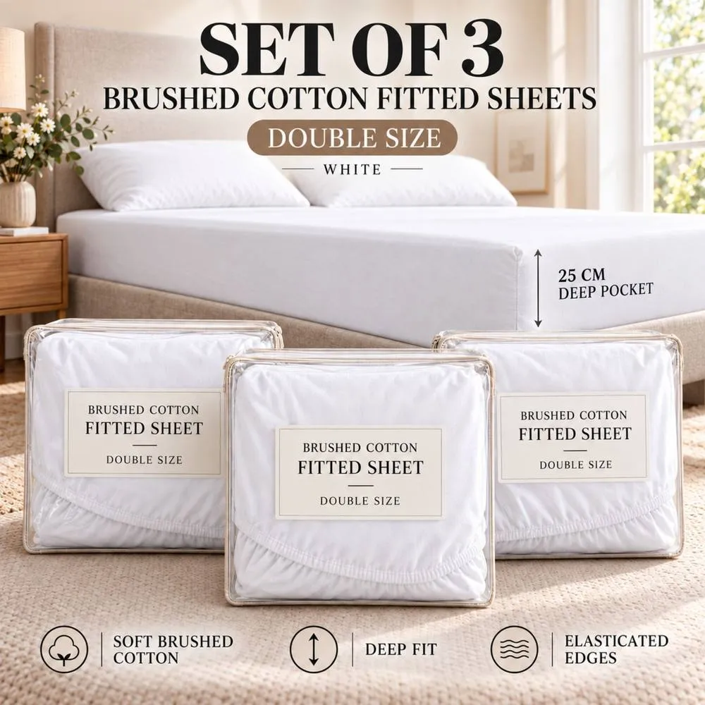 Smart Living 3 Pack 100% Brushed Cotton Fitted Sheets 25cm Deep in White 2