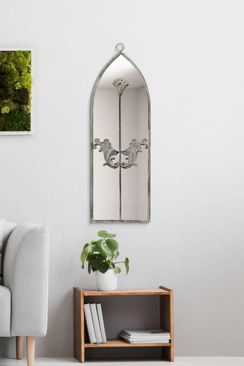 MirrorOutlet Concrete Colour Metal Framed Arched Wall Mirror 24"x 8" (60 X 20CM) in Grey
