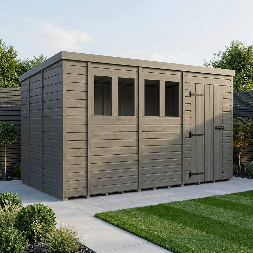 Buttercup Farm 14ft x 9ft Composite Pent Garden Shed Single Door With Windows in Grey 2