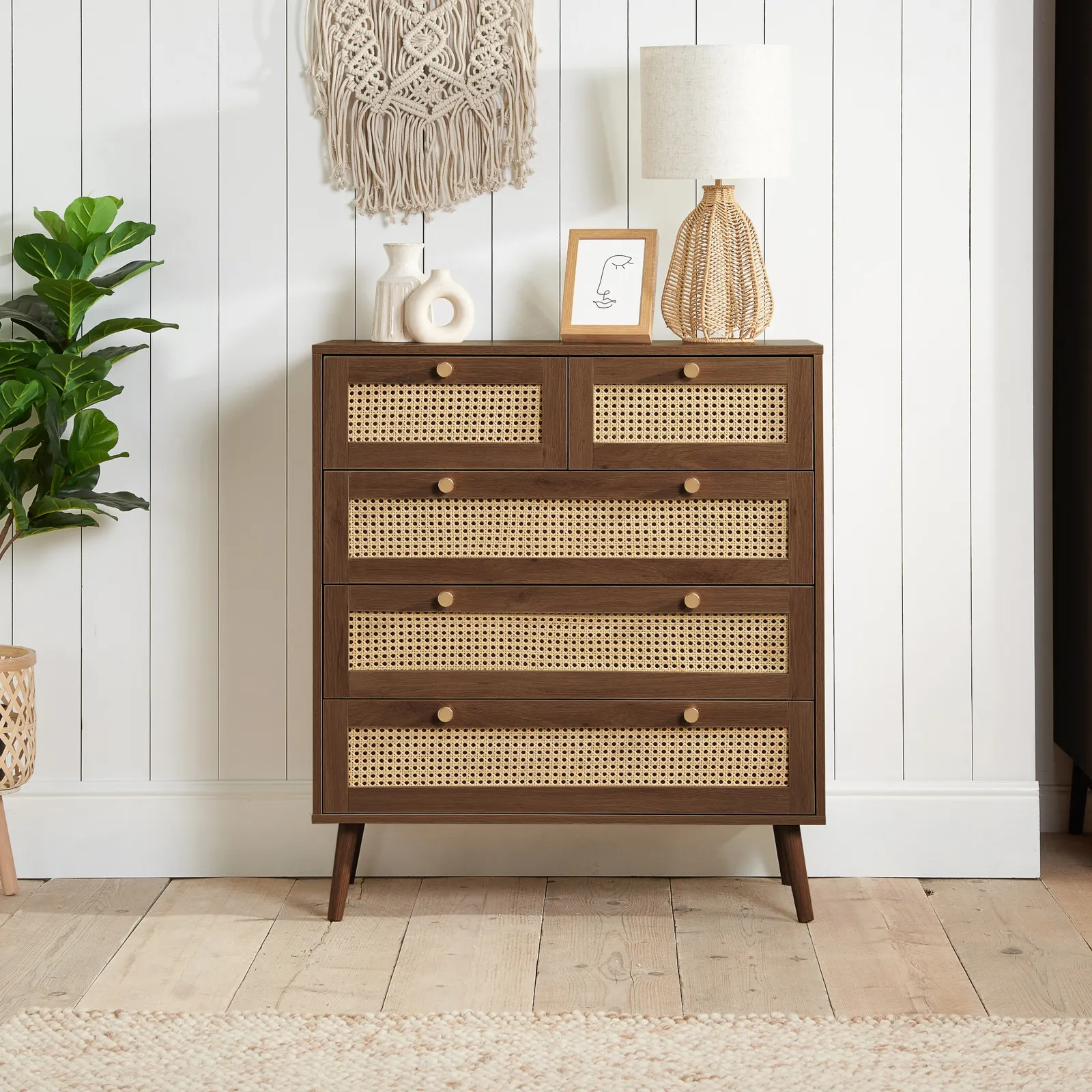 Croxley - 5 Drawer Chest of Drawers - Walnut - Rattan - Wooden - Happy Beds 1