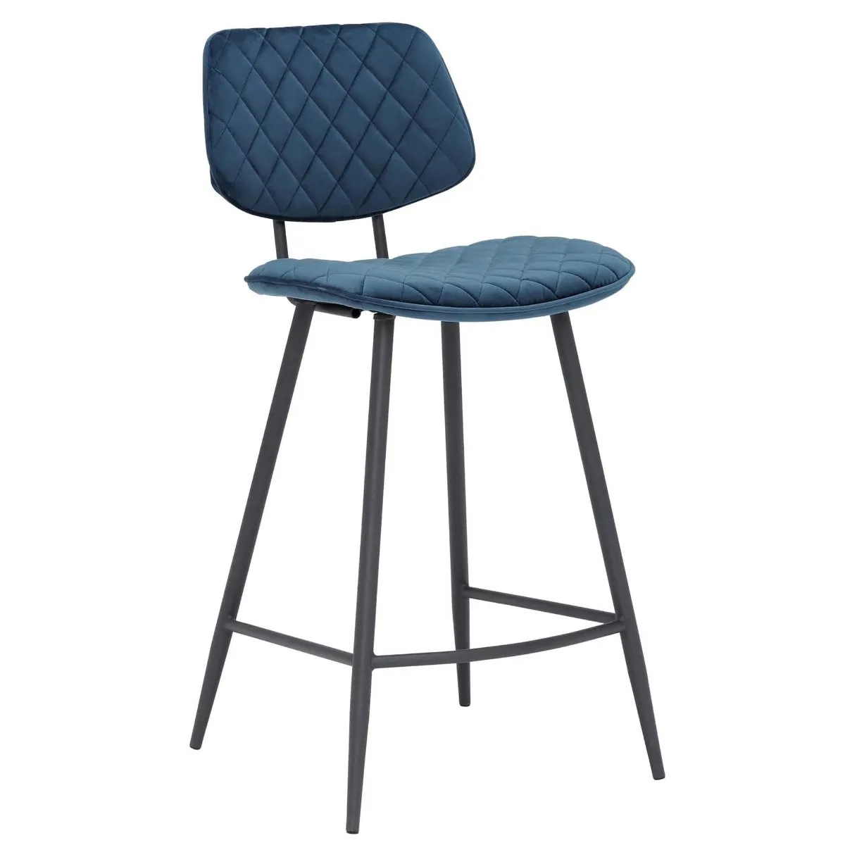 Archer Bar Stool Blue - Metal Frame With Quilted Seat Cushion And Back Rest -W45 x D53 x H95cm
