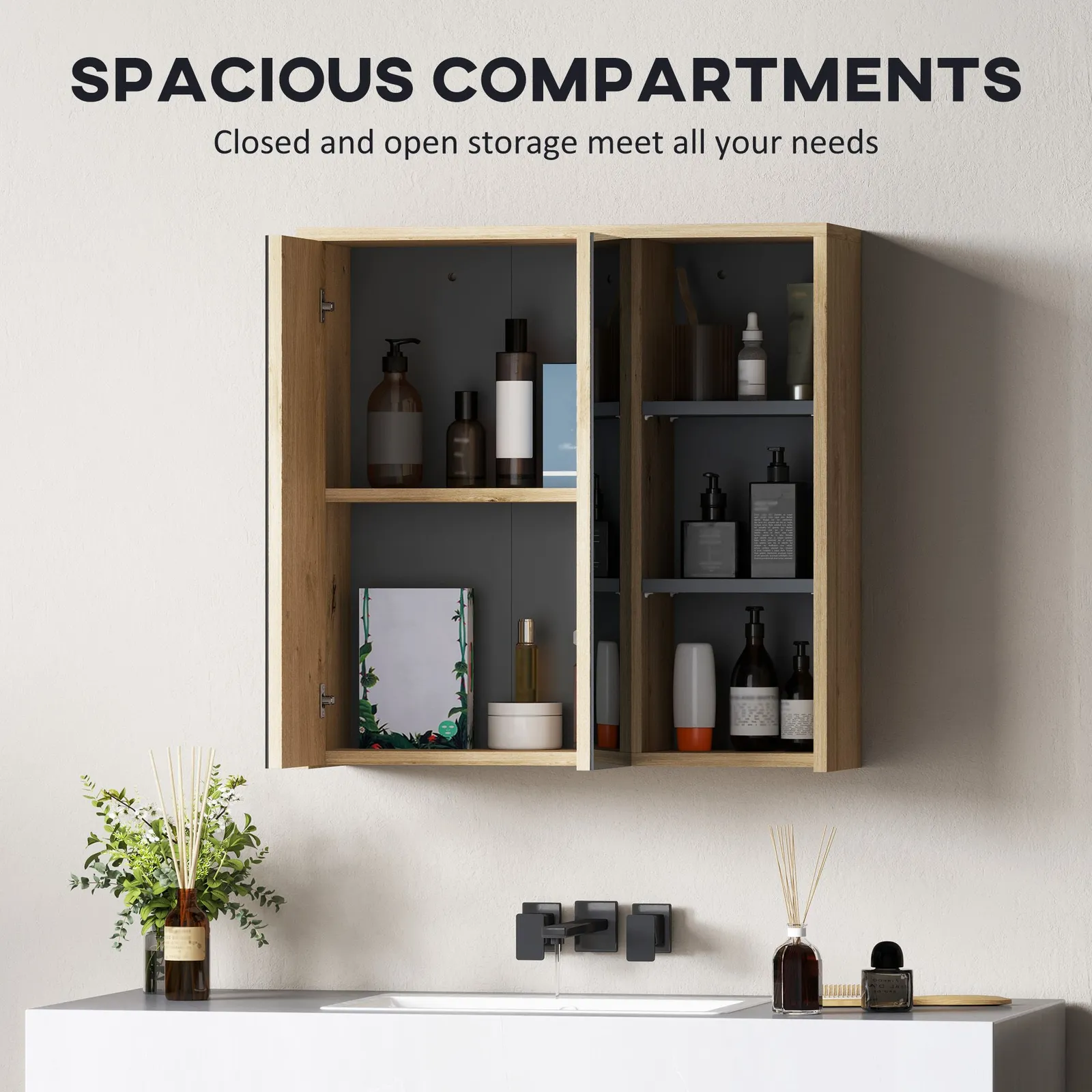 HOMCOM Bathroom Cabinet Wall Mounted Mirror Storage with Shelves Natural 4