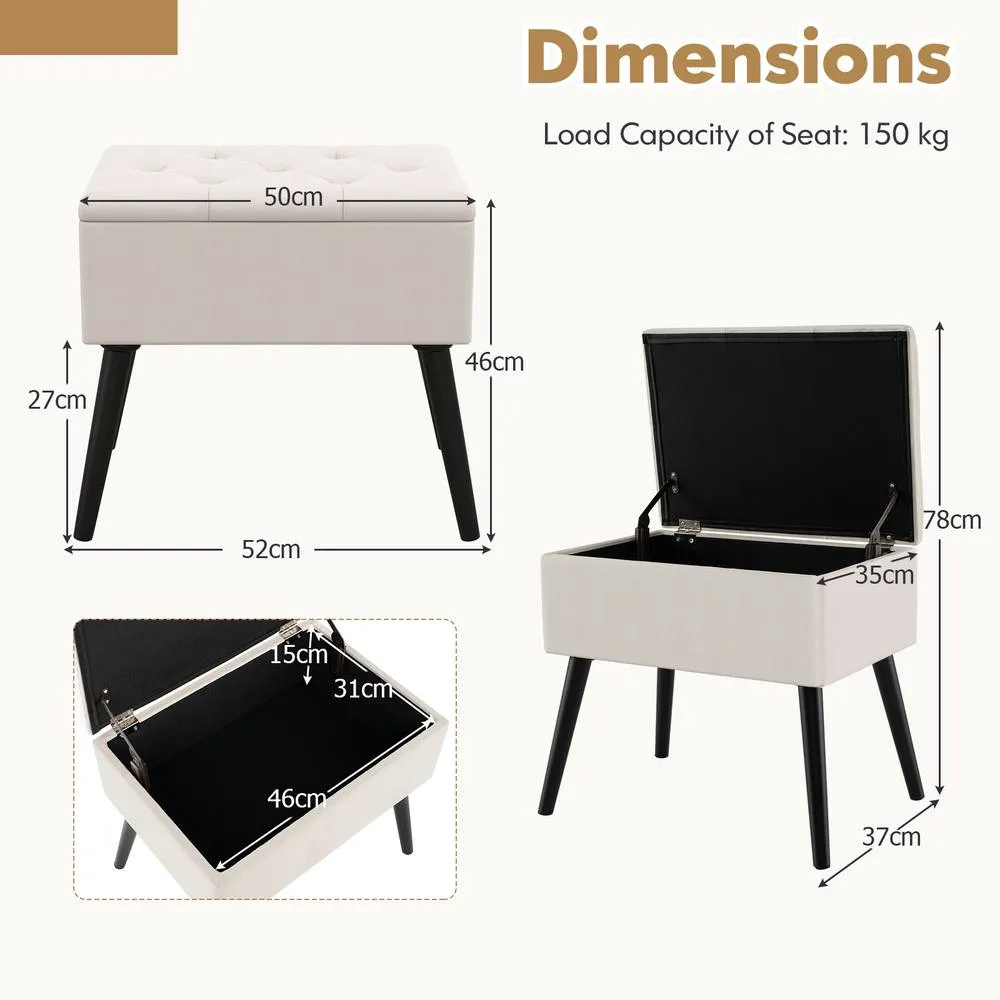 Costway Velvet Storage Ottoman Flip Top Stool w/ Solid Wood Legs in Beige 2