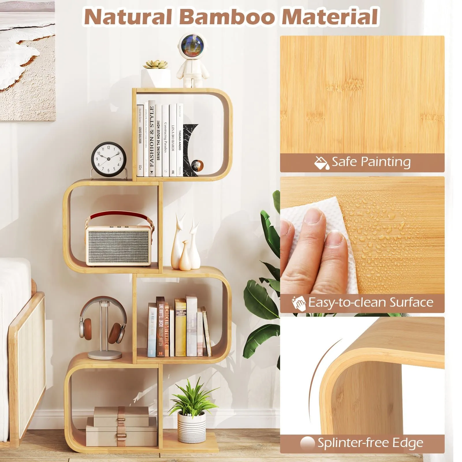 Costway 4-Tier S-Shaped Bookcase Bamboo Bookshelf w/4 Open Cubes in Natural 5