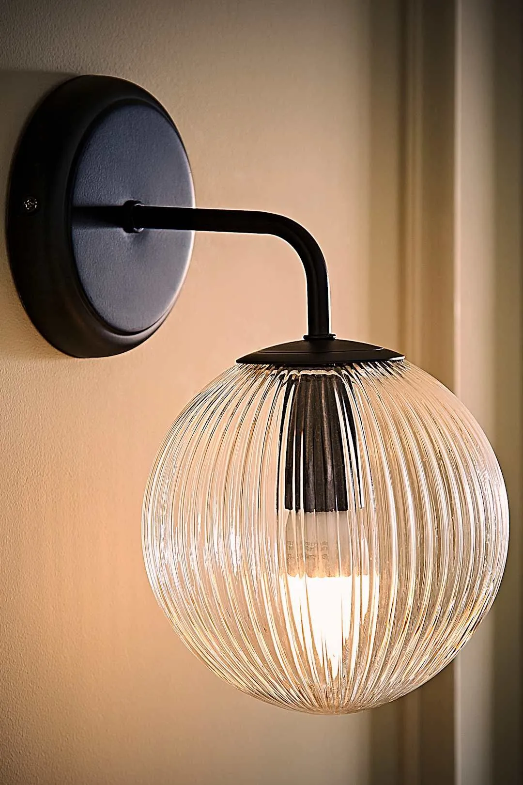 ValueLights Kempton Pair of Ribbed Glass Globe Shade Wall Lights with Bulbs in Black 2