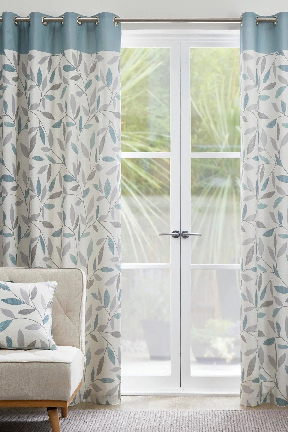 Fusion 'Beechwood' Leaf Trail Pair of 100% Cotton Eyelet Curtains in Duck Egg Blue 1