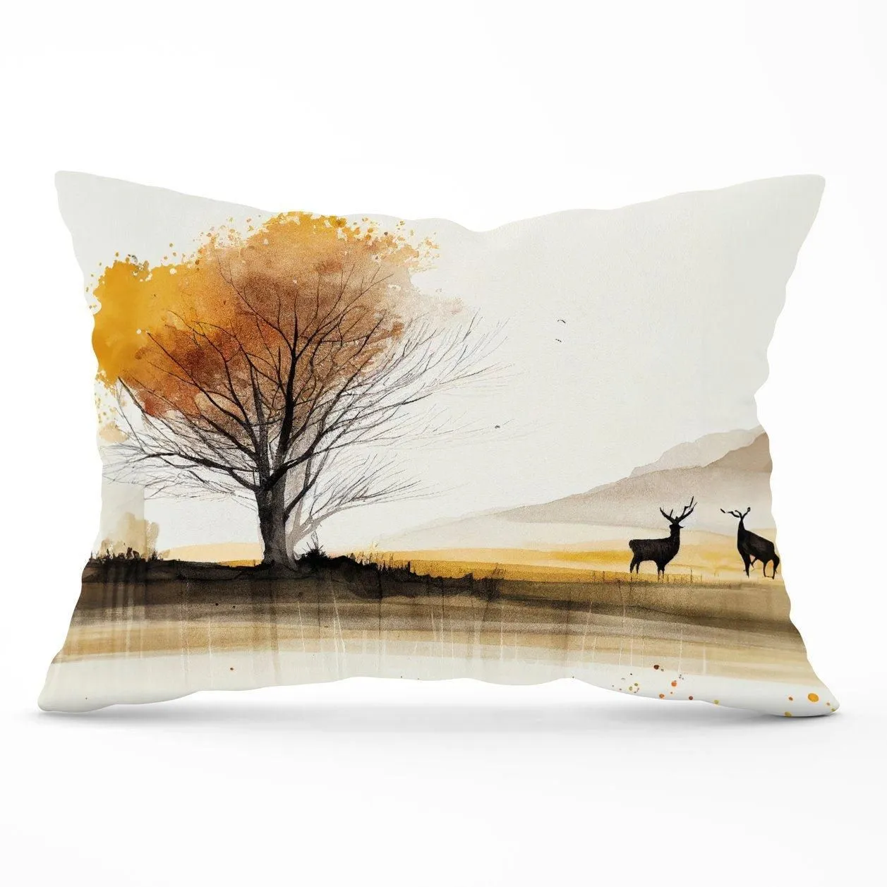 Warren Reed - Designer Autumn Landscape Stag Watercolour Cushions in Brown