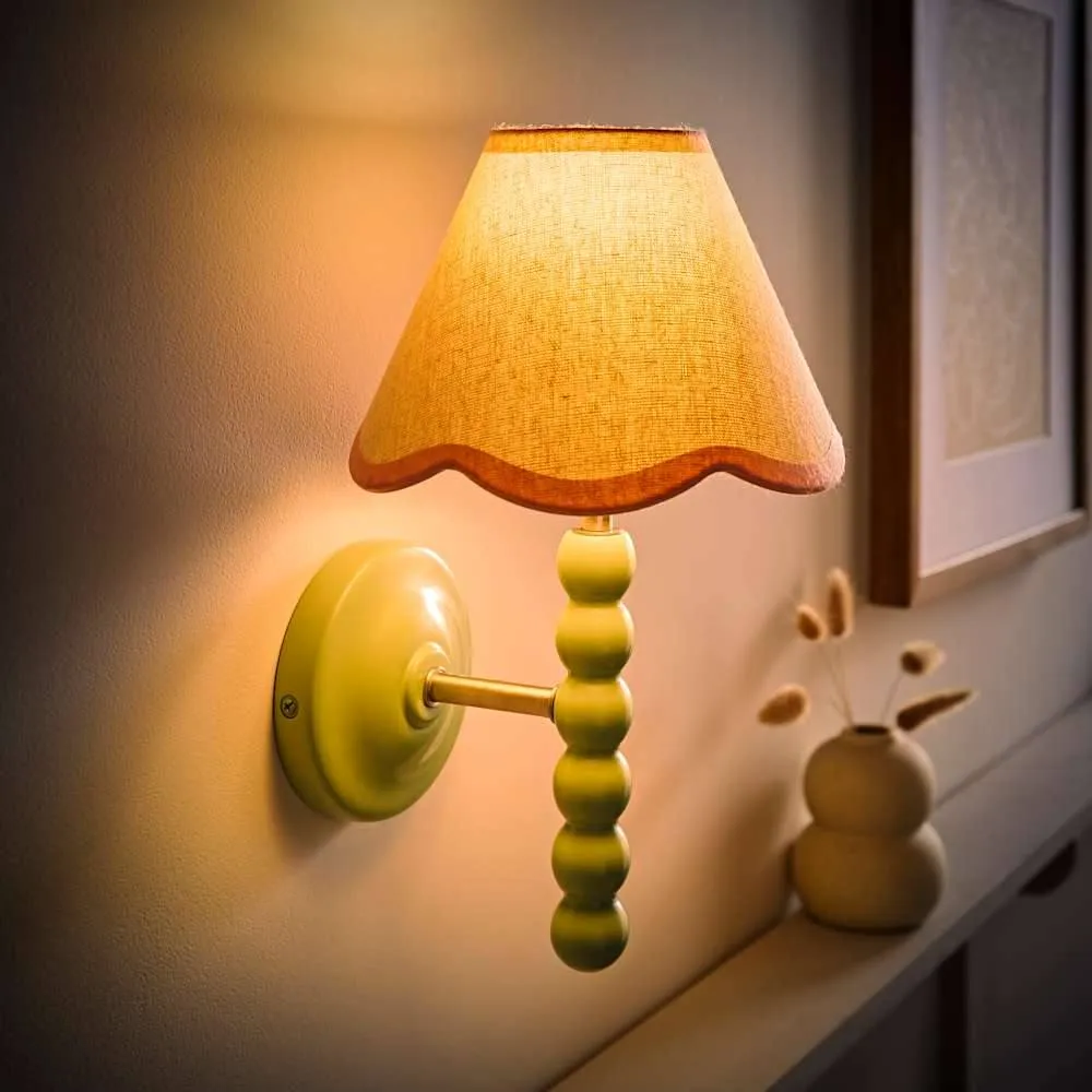ValueLights Bobbins Pair of Green Wall Lights & Linen Trim Lamp Shades & Bulbs in Pale Pink 2