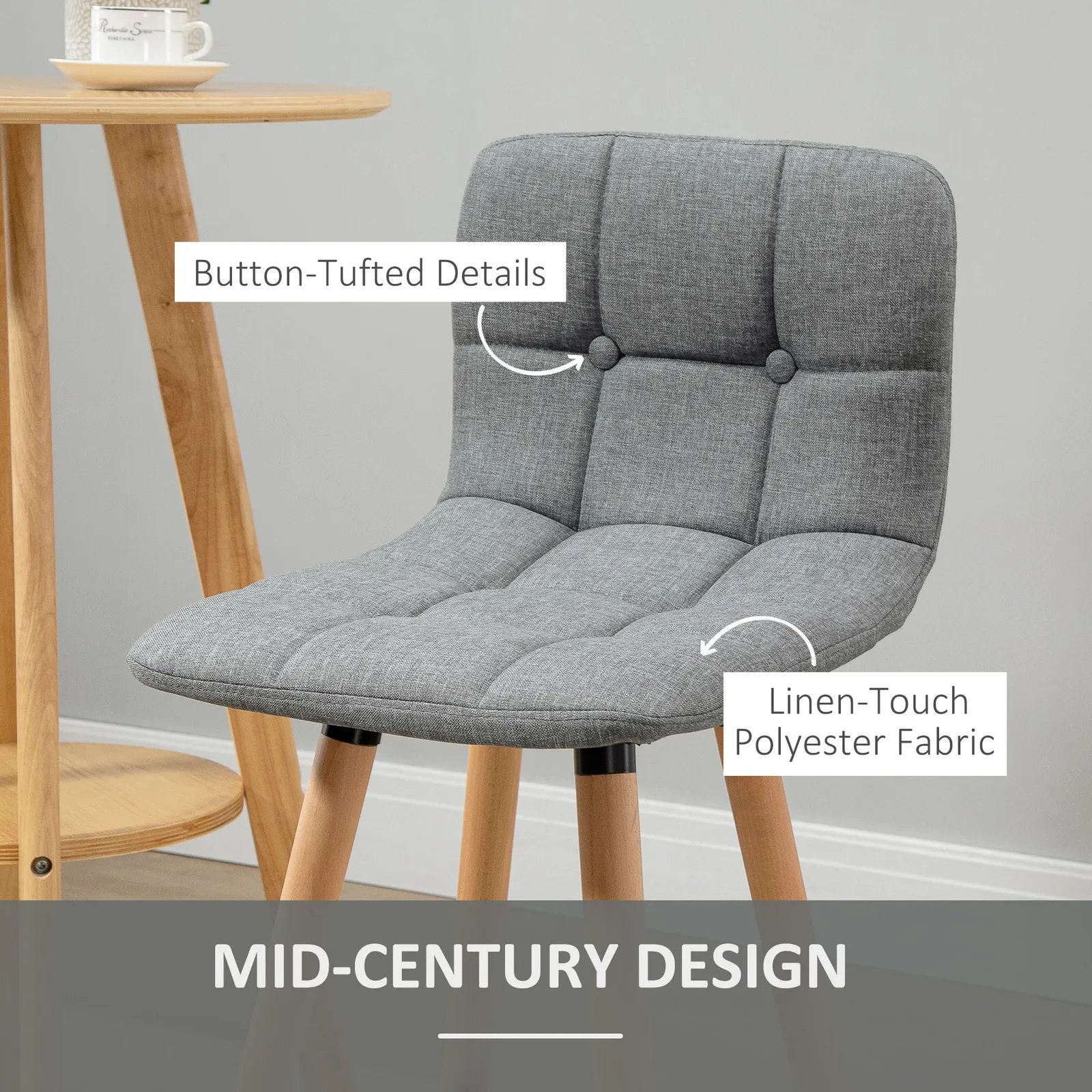 HOMCOM Bar stool Set of 2 Armless Button Tufted Counter Chairs Wood Legs in Grey 6