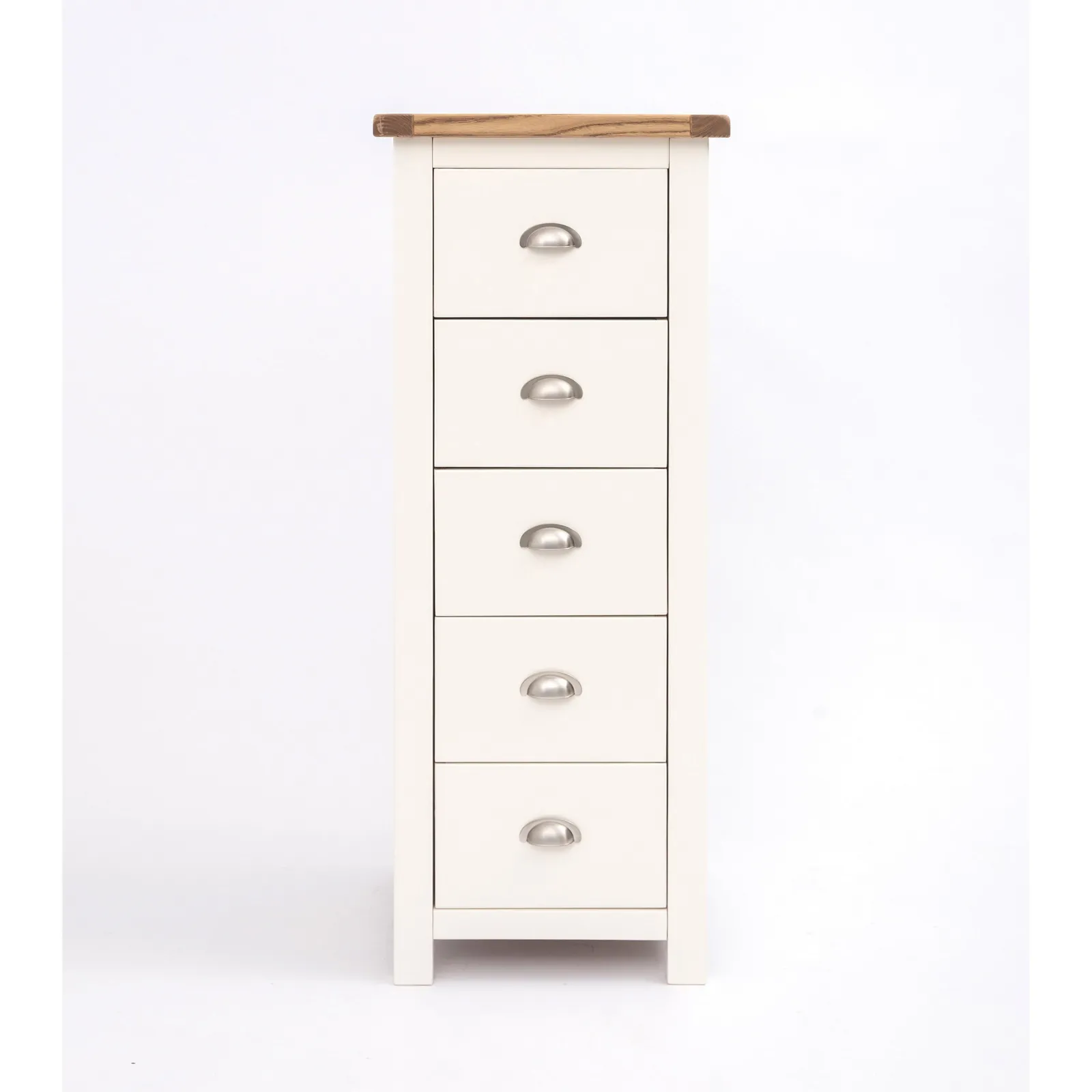 Cabinet Bits Lovere 5 Drawer Narrow Chest of Drawers Chrome Cup Handle in Off-White