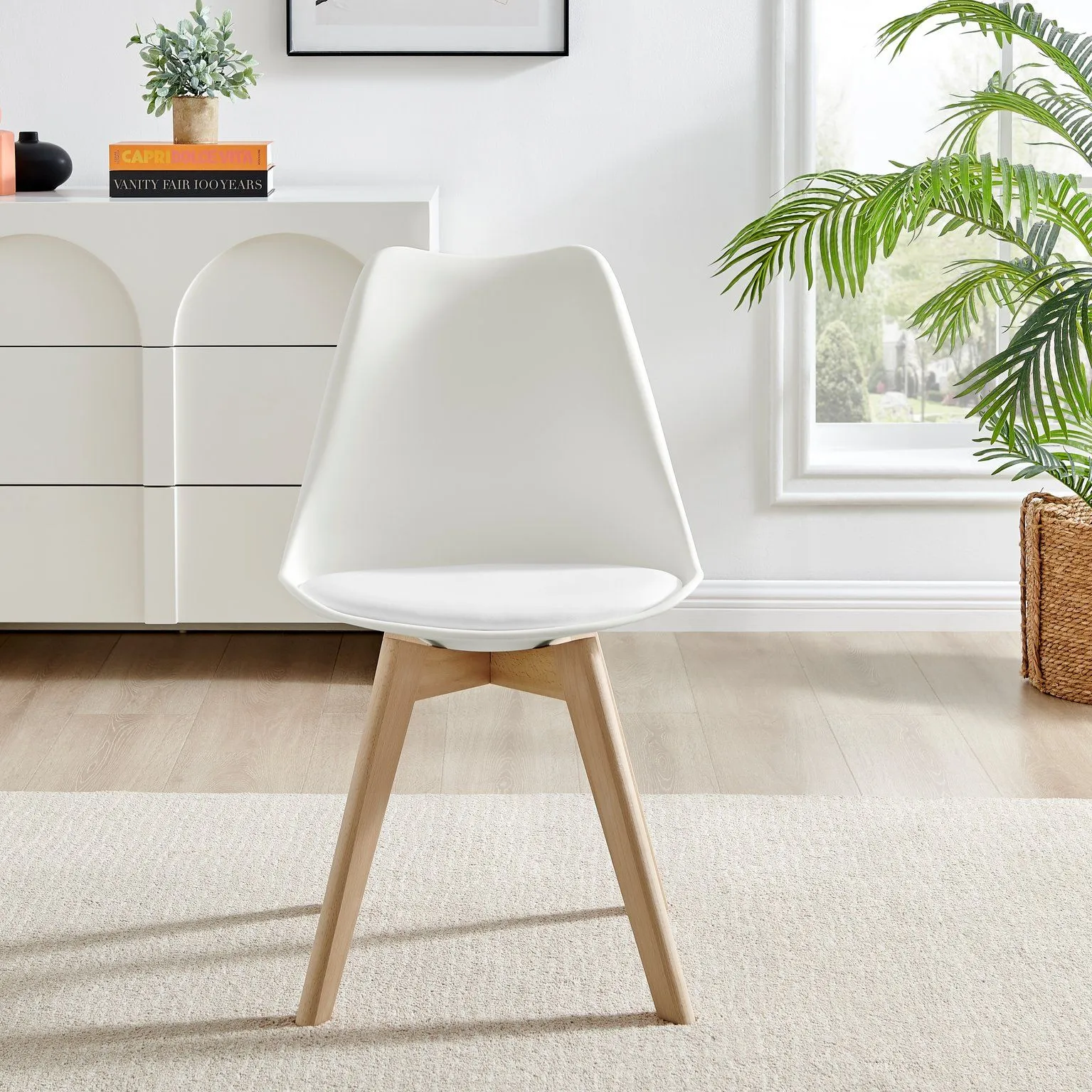 FurnitureboxUK Set of 2 Stockholm Natural Birch Wood Scandi Minimalist Dining Chairs with Faux Leather Cushion in White 2