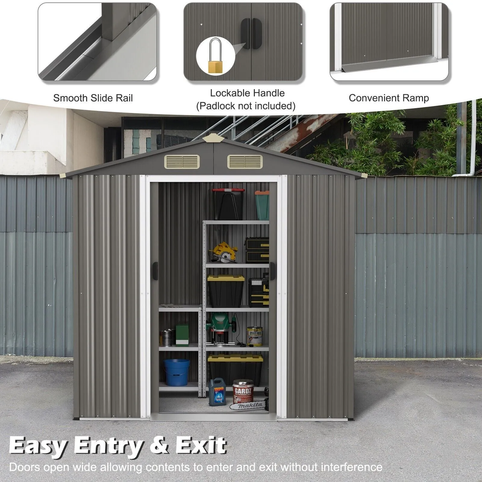 Costway 6 x 4 FT Outdoor Storage Shed Galvanized Steel Shed w/ Lockable Sliding Door in Grey 6