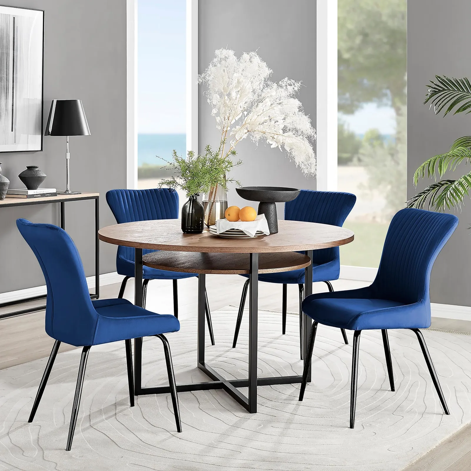 FurnitureboxUK Adley Brown Wood Storage Dining Table & 4 Nora Black Leg Chairs in Blue