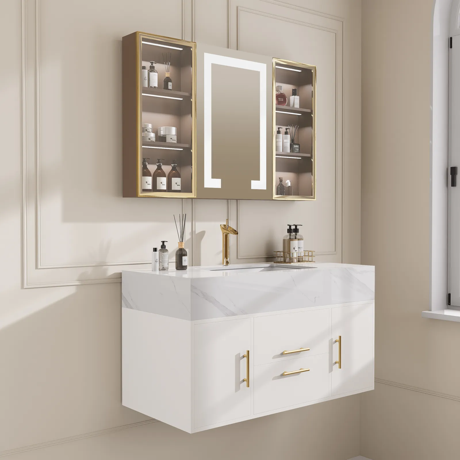 1000mm Floating Ceramic Sink & Stone Top in White & Bathroom Cabinet Vanity