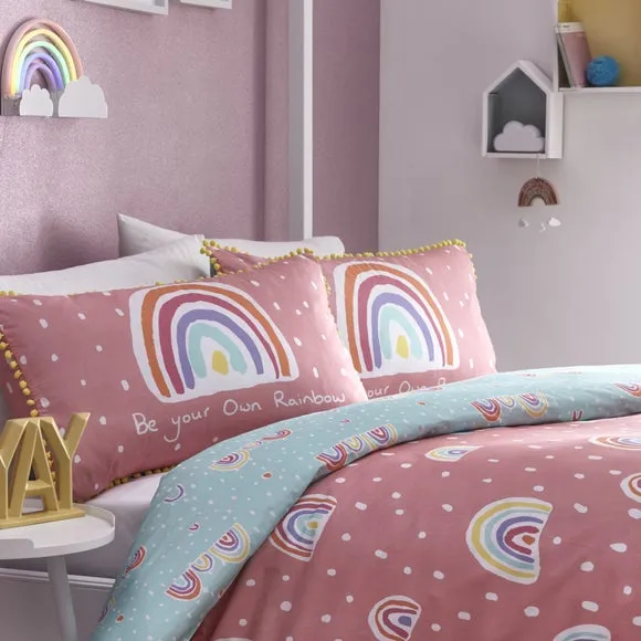 Rainbow Pom Pom 100% Cotton Single Duvet Cover & Pillowcase Set 2