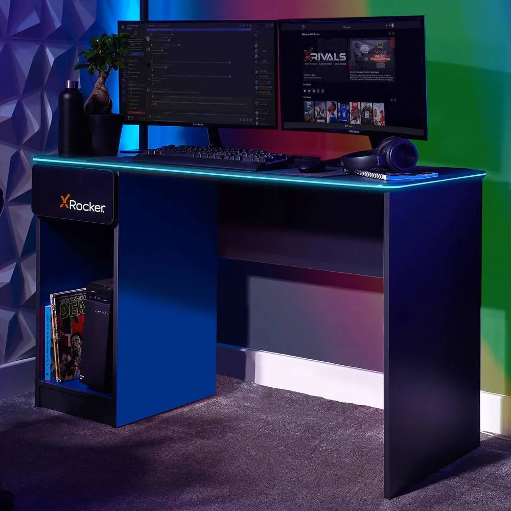X Rocker Carbon-Tek 120cm LED Gaming Desk with Drawer & Charging in Blue 1