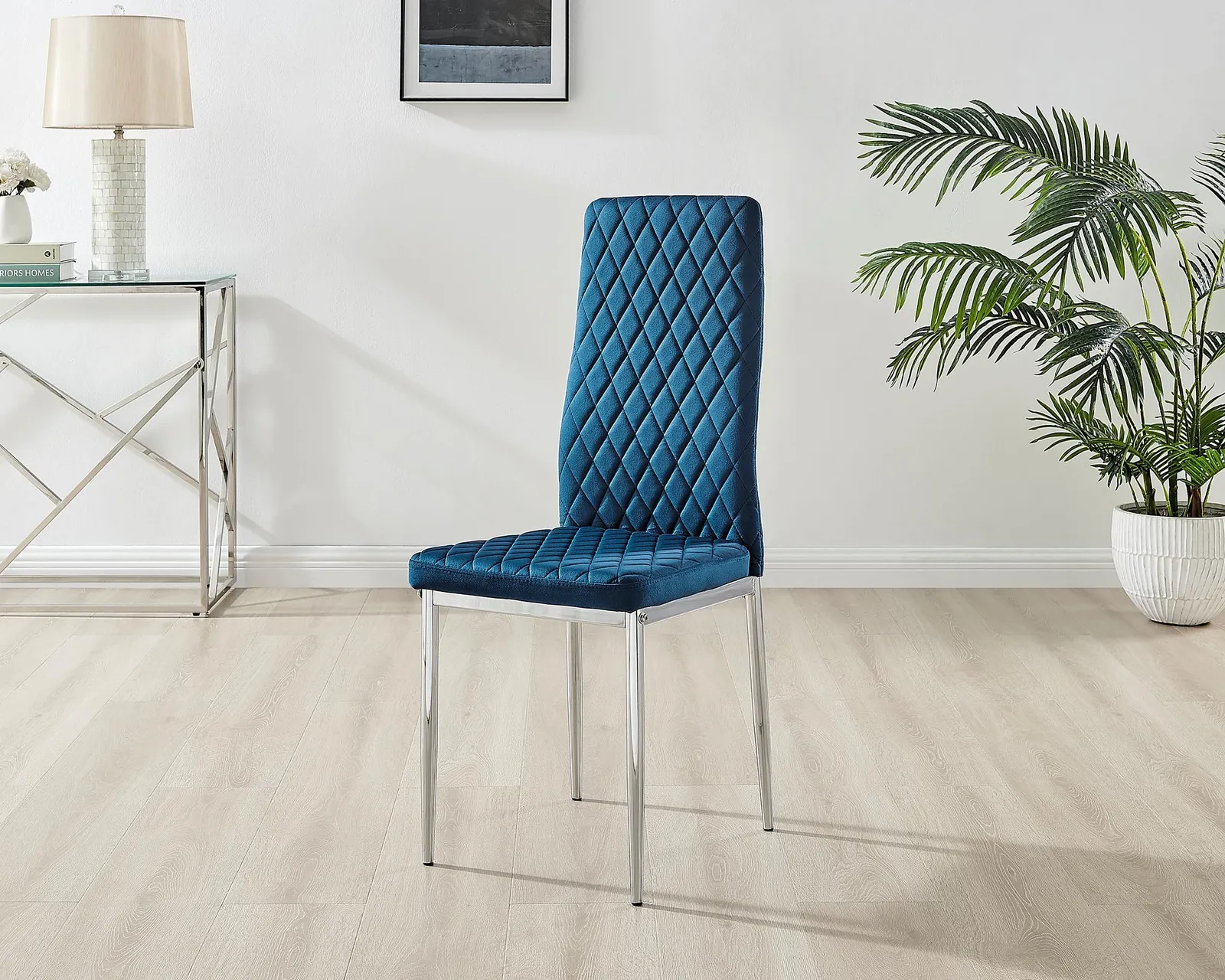FurnitureboxUK Set of 4 Milan High Back Soft Touch Diamond Pattern Velvet Dining Chairs With Silver Chrome Metal Legs in Navy 3