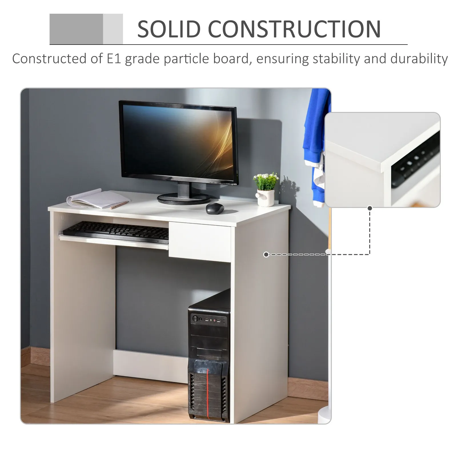 HOMCOM Compact Computer Table w/ Keyboard Tray Drawer Study Office Work in White 6