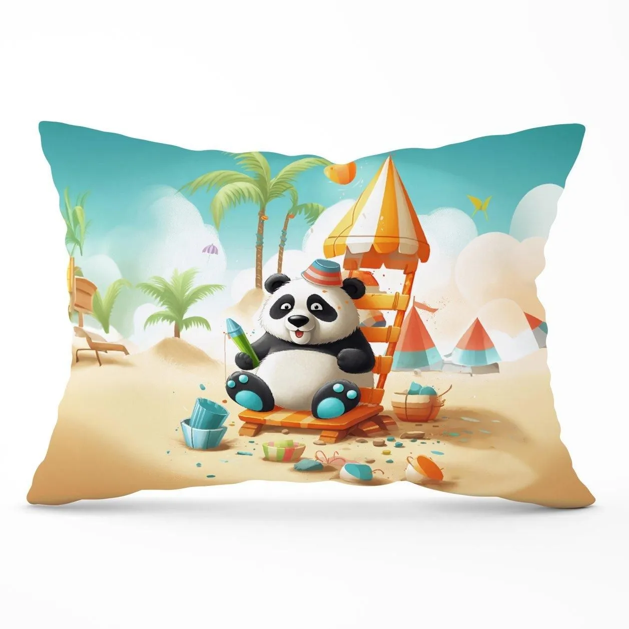 Warren Reed - Designer Panda On A Beach Holiday Cushions in Yellow