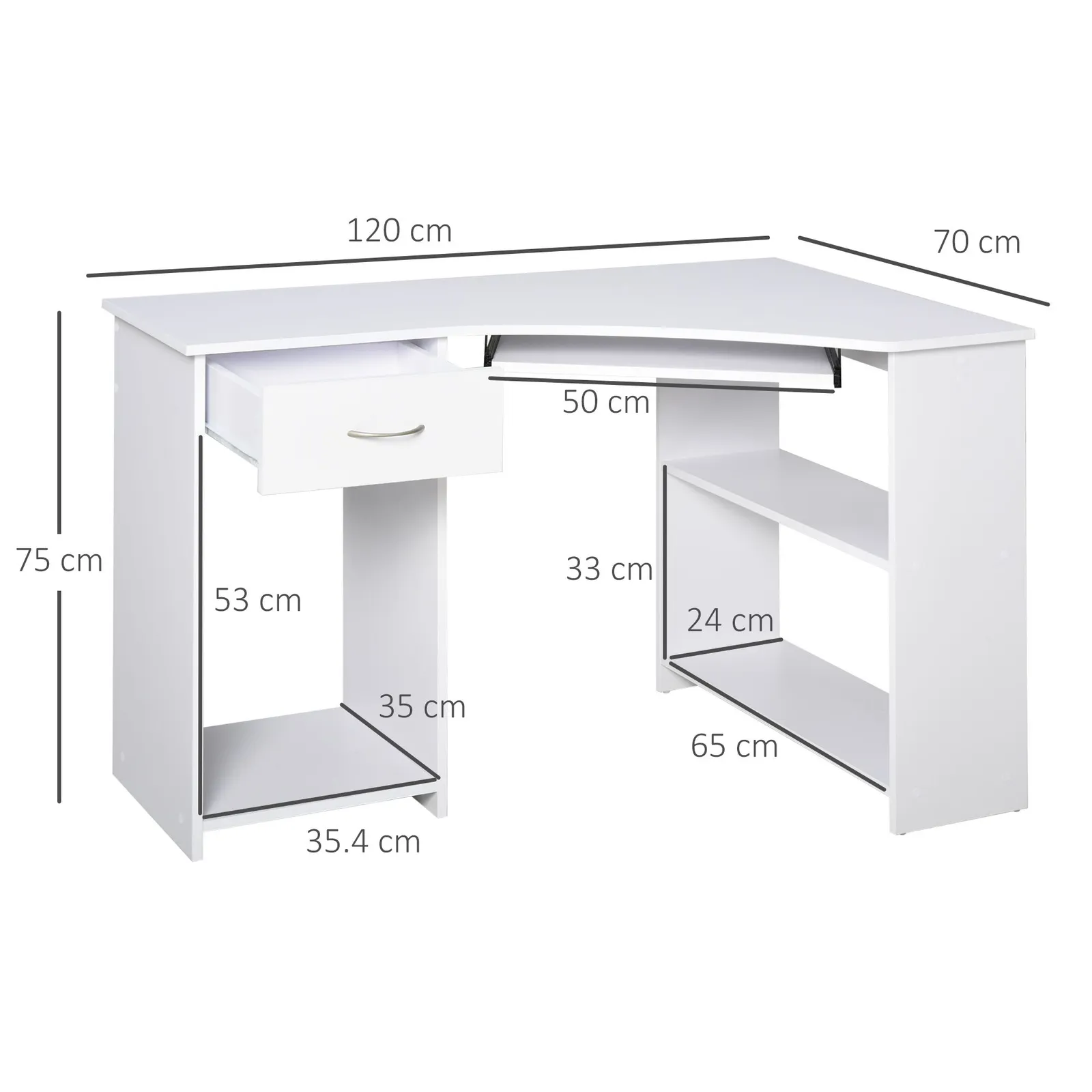HOMCOM L-Shaped Corner Computer Desk w/ 2 Shelves Worktop Keyboard Tray in White 3