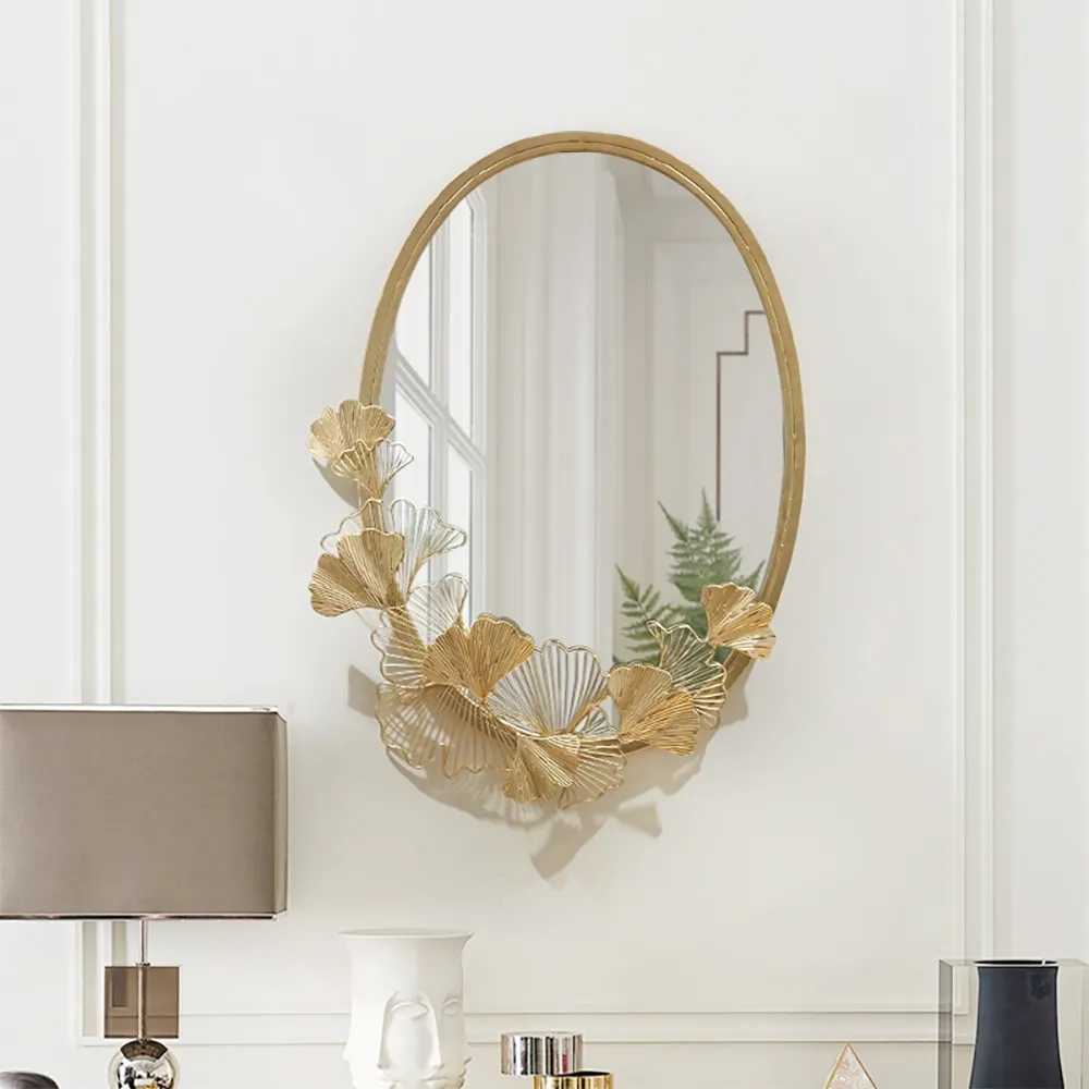860mm Glam Oval Wall Mirror Hollow-out Ginkgo Leaves in Gold Metal Frame For Bedroom