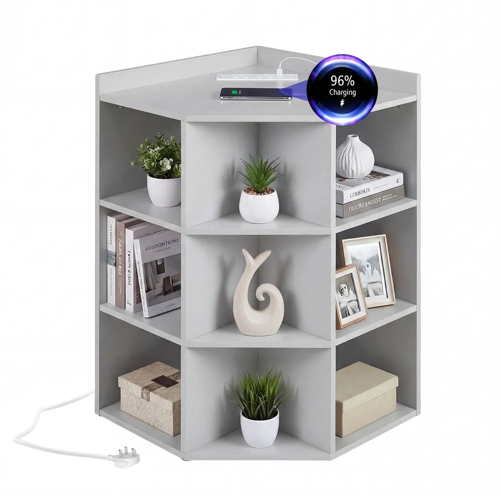 Costway 4-Tier Wooden Corner Bookcase 9 Cubbies Bookshelf w/ Charging Station in Grey