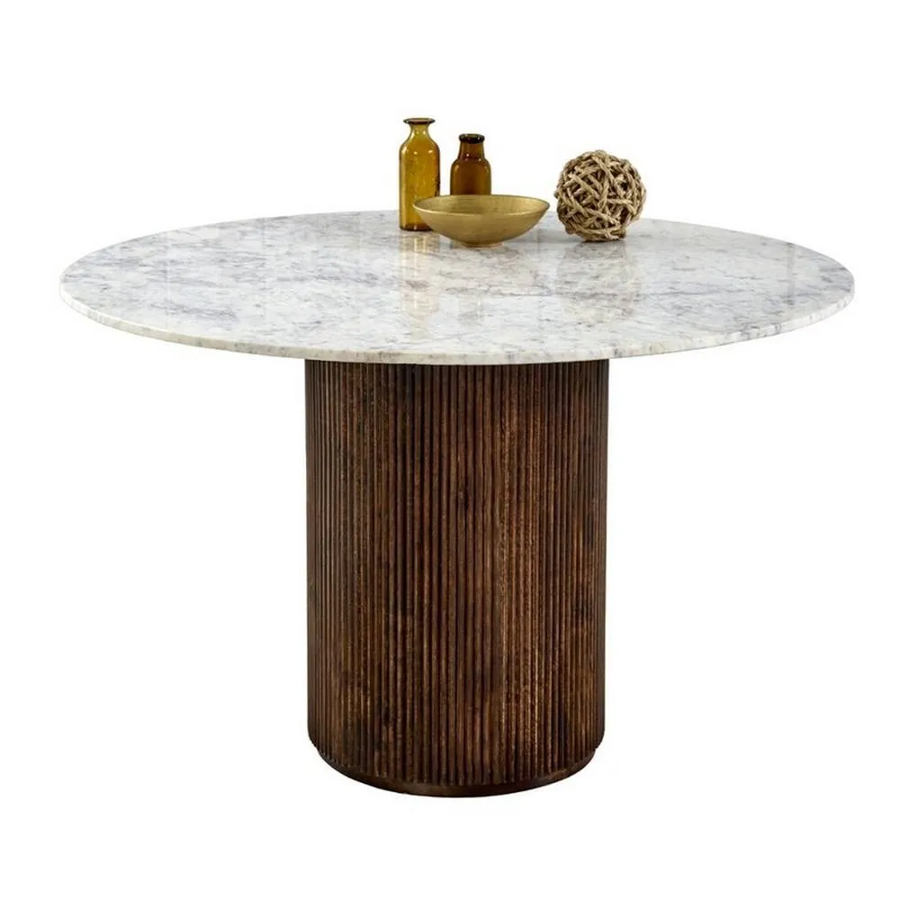 Indian Hub Opal Dining Table Round with Marble Top & Mango Wood Base in Brown