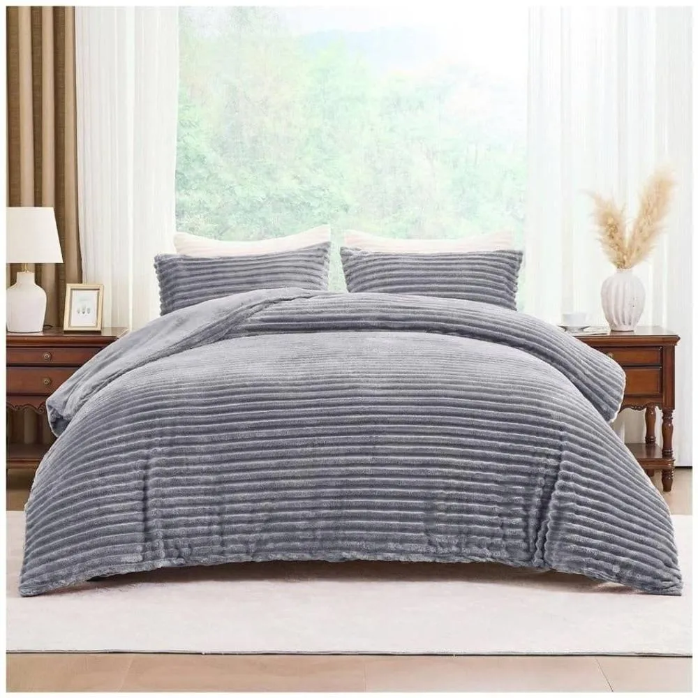 HOME LUXE INTERIOR Plush Faux Fur Chunky Ribbed Faux Fur Grey Bedding Duvet Set - King