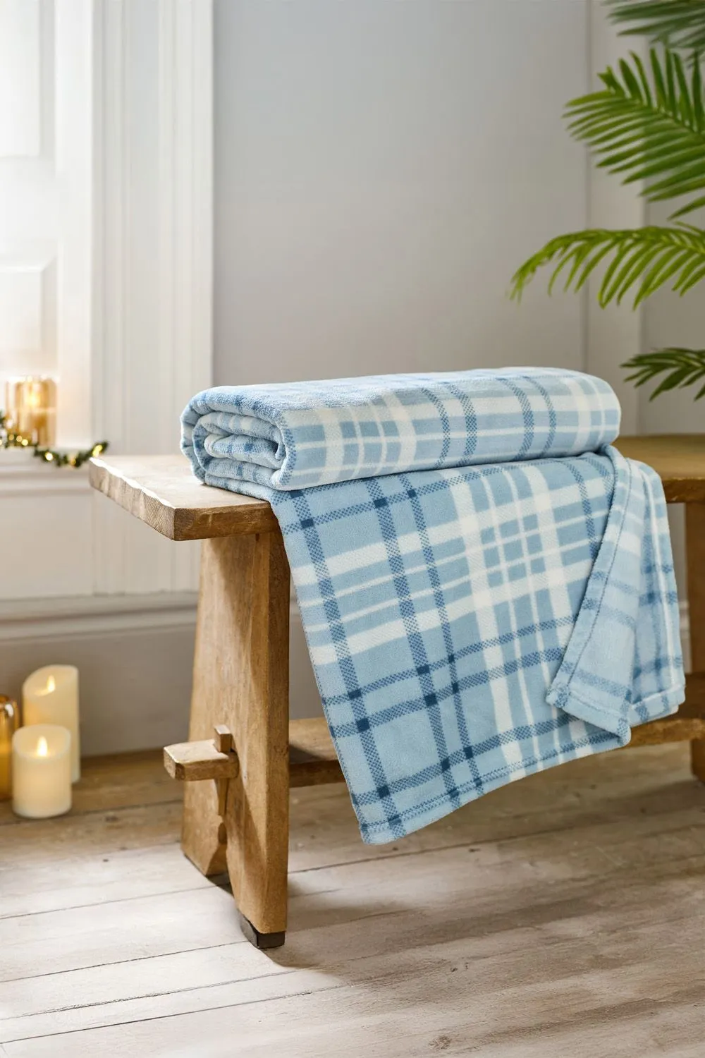 Deyongs Snuggle Check Throw Blanket 140x180cm - Super Soft Coral Fleece - Printed Plaid Design | 1846 in Mid Blue