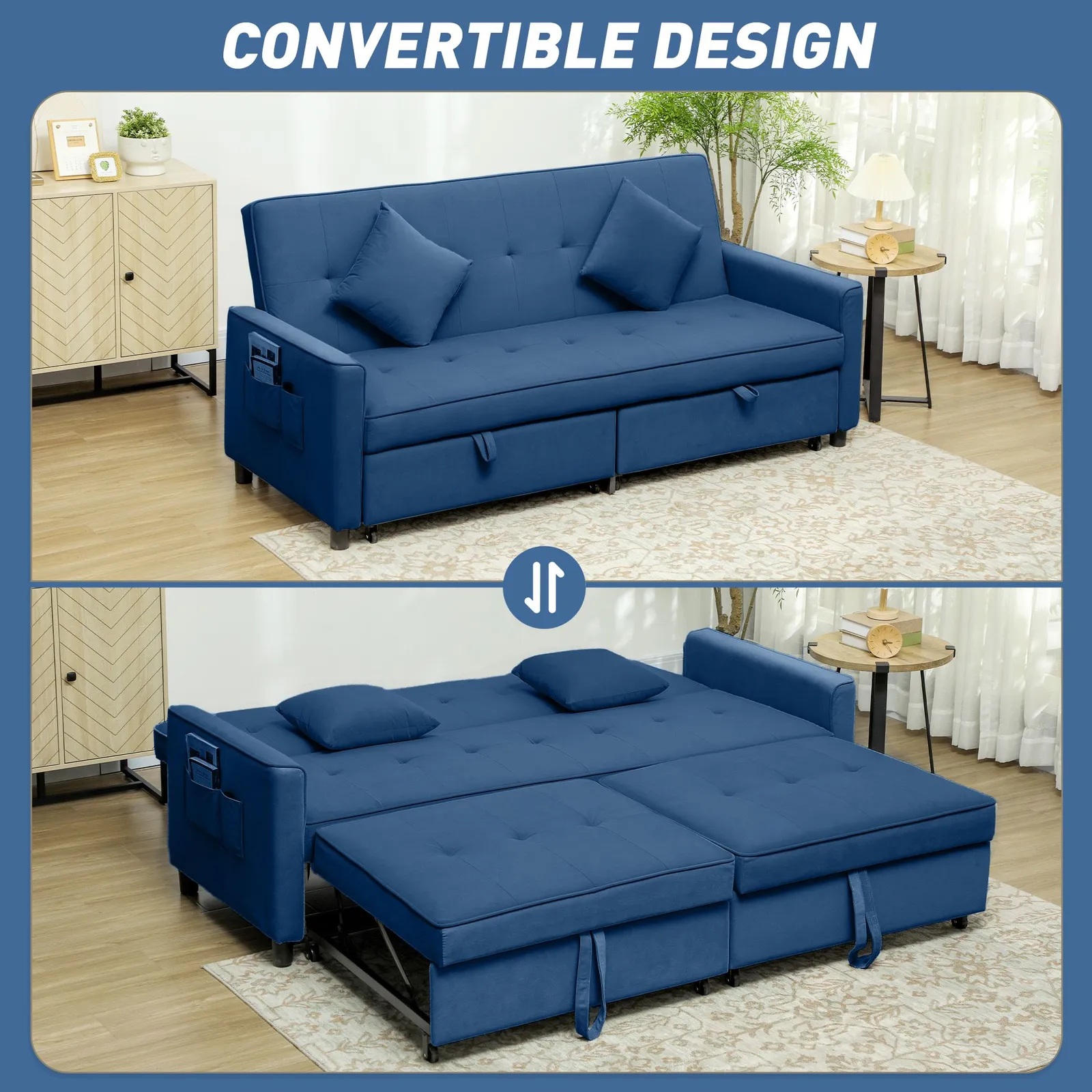 HOMCOM Reversible L-Shaped Sectional Sofa Bed with Cushions in Blue 4