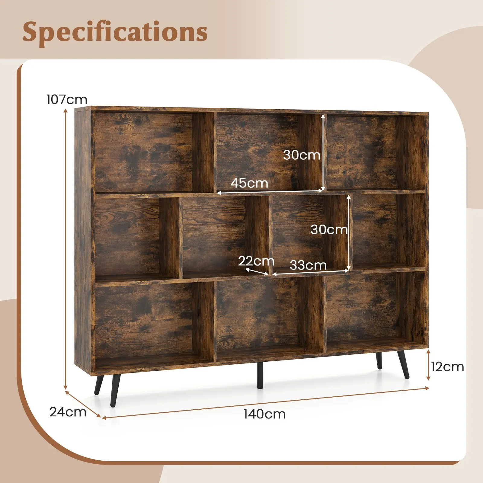 Costway 10-Cube Bookcase 140 CM Mid Century Modern Storage Organizer in Brown 2