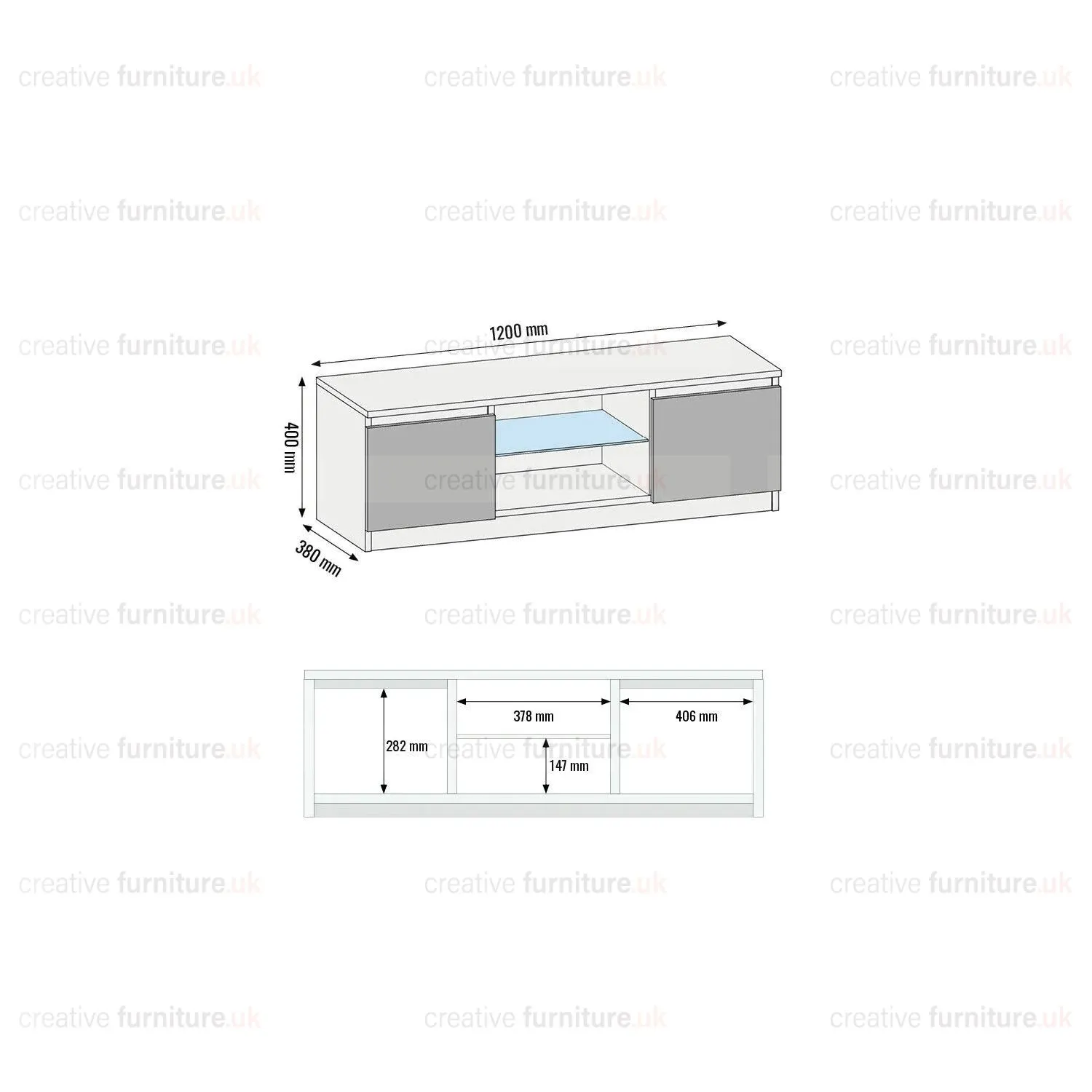 Creative Furniture TV Unit 120cm Modern - White with High Gloss Grey Doors 4