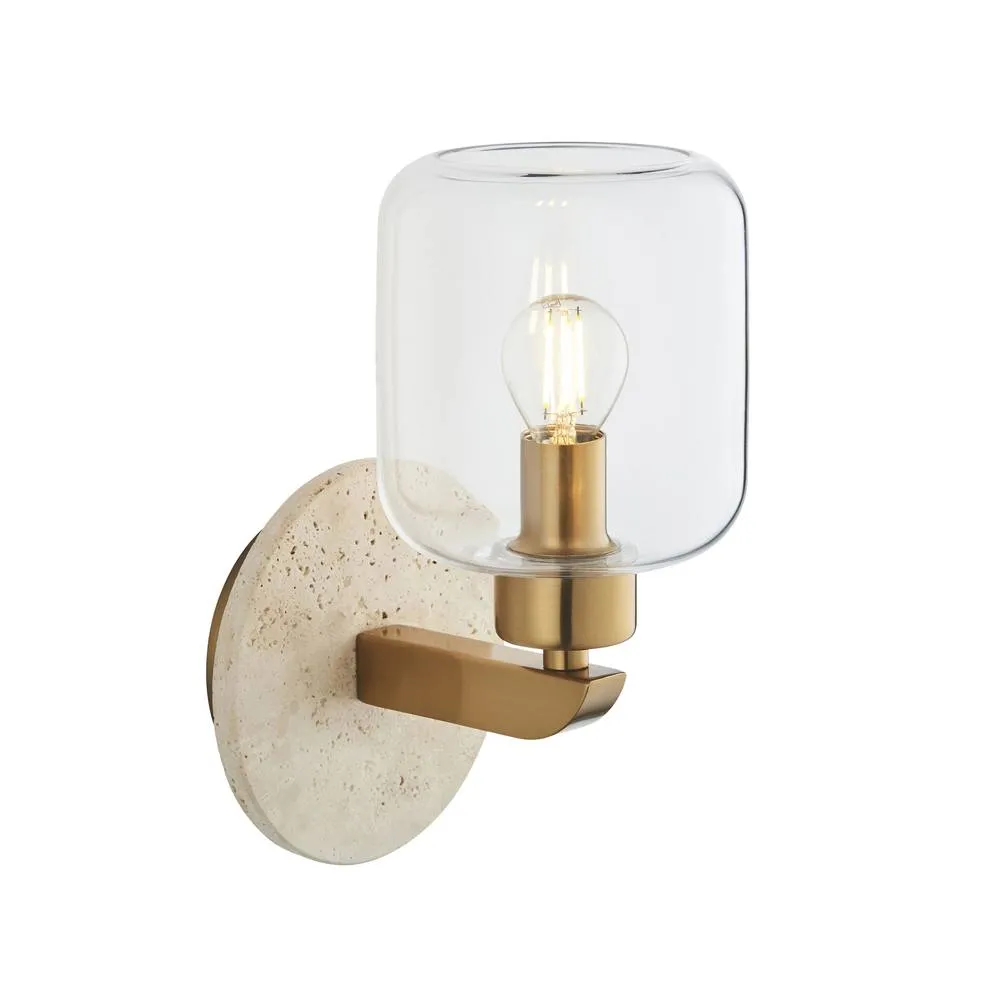 Netlighting Travi Wall Lamp Natural Travertine Vintage Brass & Clear Glass E14 in Gold