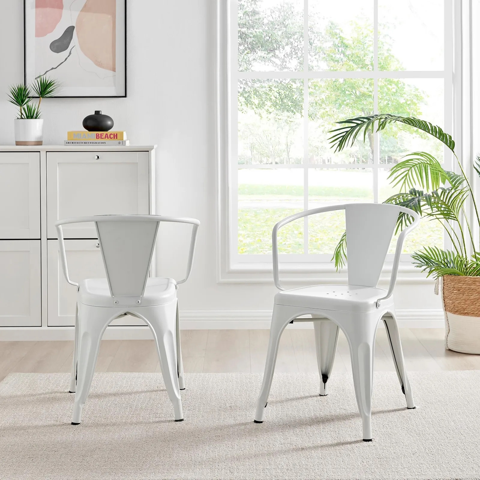 FurnitureboxUK Set of 2 Colton Industrial Steel Stackable Tolix Style Dining Chairs with Arms in White 3