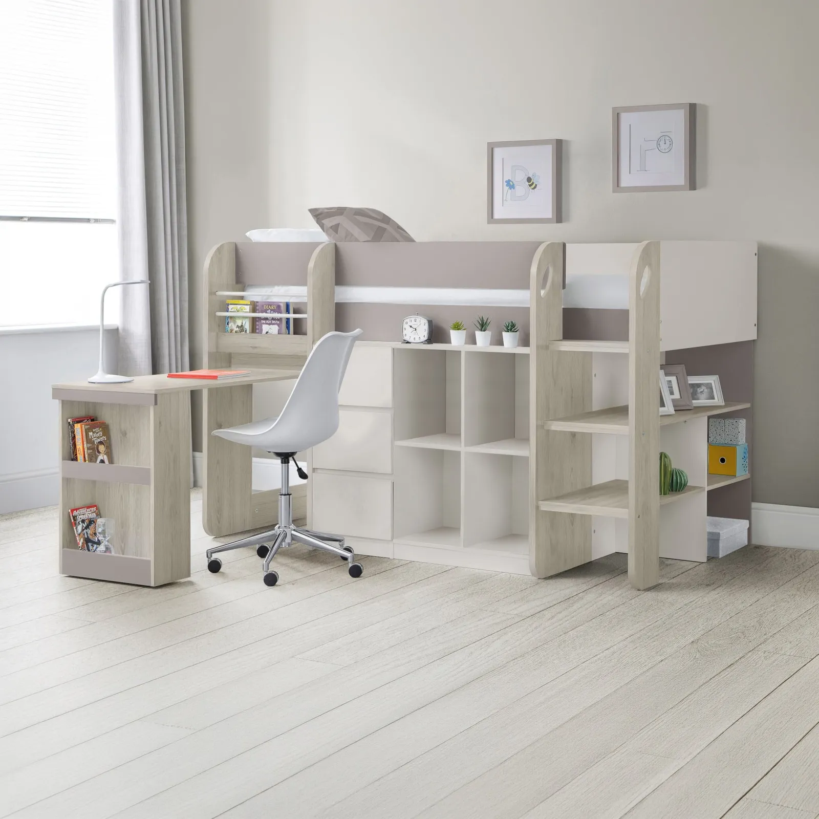 Saturn - Single - Kids Mid Sleeper Bed - Storage and Desk - Brown and White - Wooden - 3ft - Happy Beds