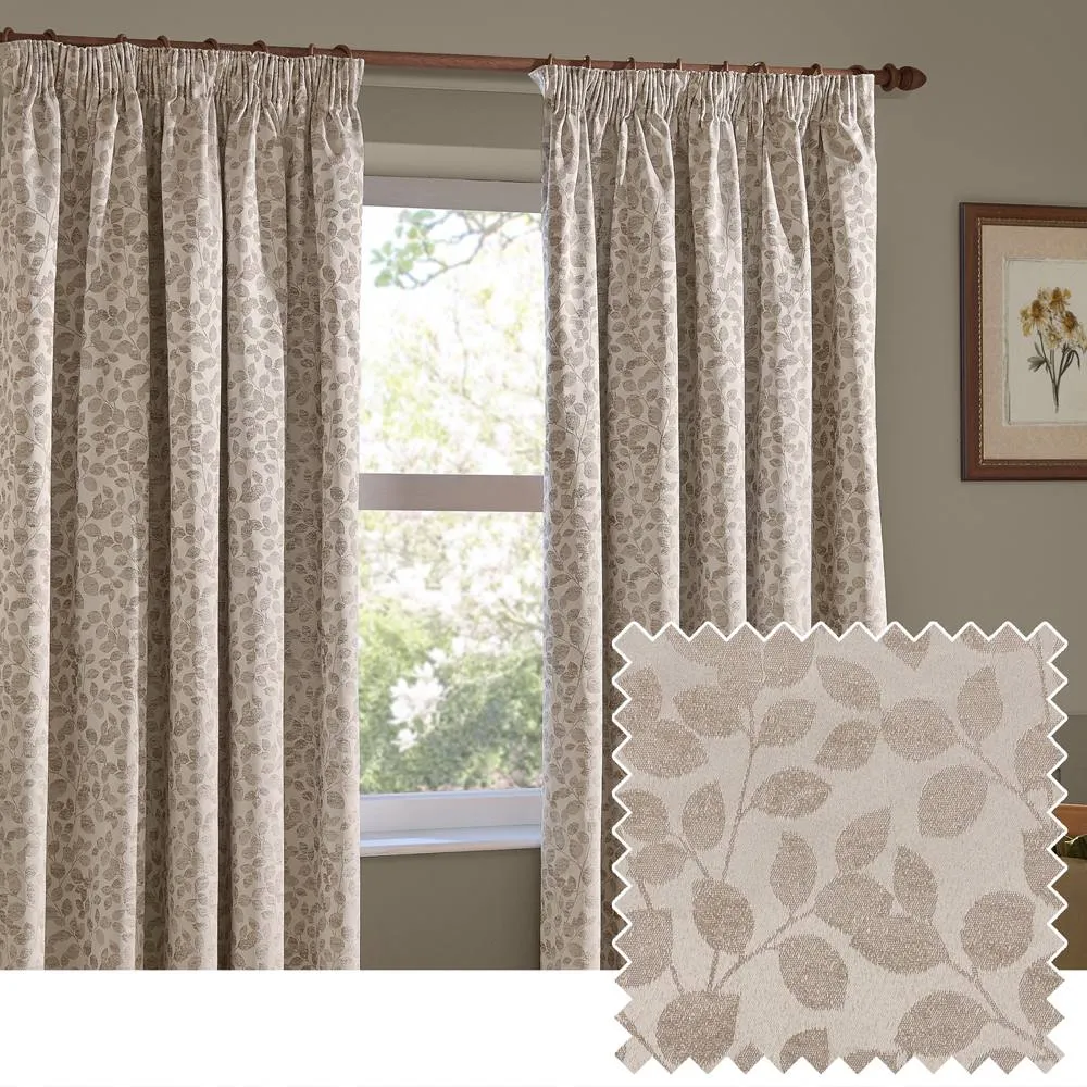 Wylder Grace Leaf Jacquard Fully Lined Pencil Pleat Curtain Pair in Natural 1